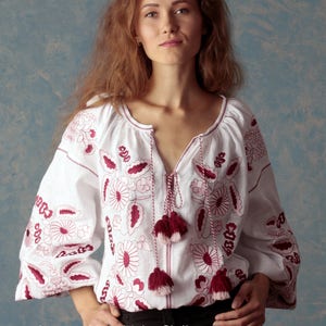 Embroidered Top, Linen Mexican White Blouse, White linen blouse, Ukrainian Vyshyvanka, Bohemian Blouse Folk Top Kilim Caftan Linen Shirt image 9
