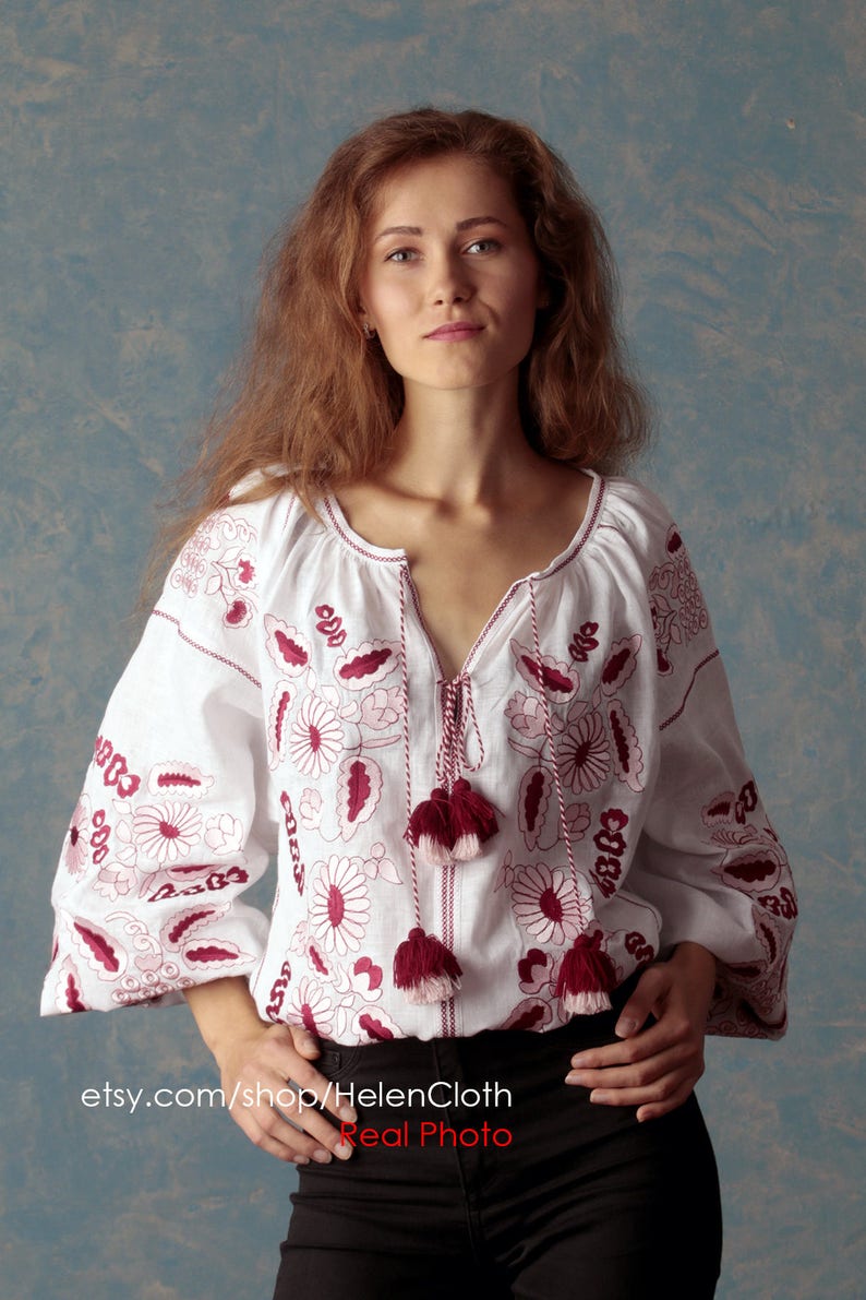 Embroidered Top, Linen Mexican White Blouse, White linen blouse, Ukrainian Vyshyvanka, Bohemian Blouse Folk Top Kilim Caftan Linen Shirt image 9