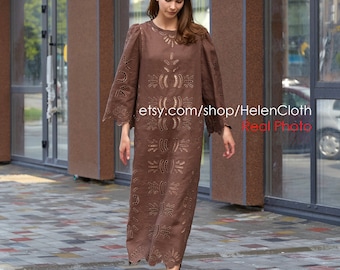 Brown broidery anglaise Embroidered Bohemian Kaftan, Linen Abaya, Ukrainian Vyshyvanka