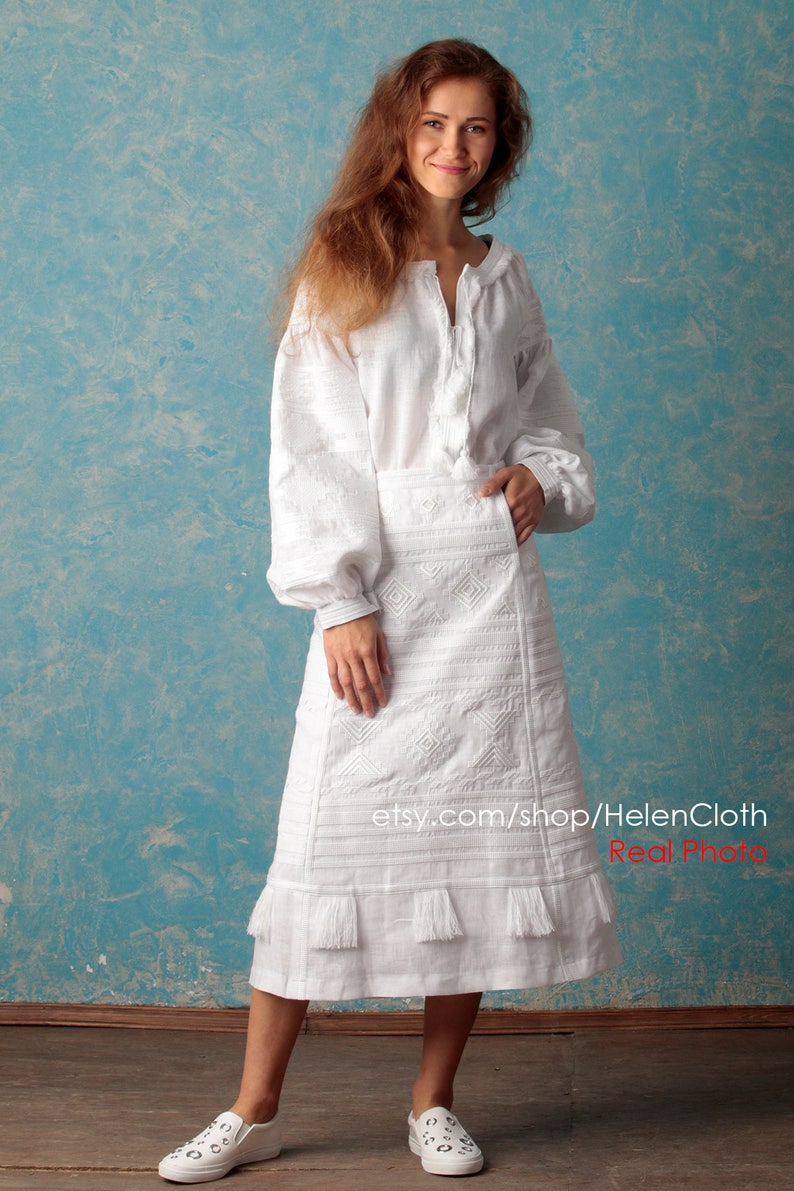 White Linen Skirt and Blouse Wedding Set Ukraine Mid Calf Etsy
