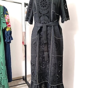 Black embroidered linen Kaftan Midi Boho Dress Ukrainian Vyshyvanka Dress Embroidered Women Dress Mexican Dress Bohemian Abaya Caftan