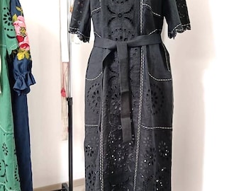 Black embroidered linen Kaftan Midi Boho Dress Ukrainian Vyshyvanka Dress Embroidered Women Dress Mexican Dress Bohemian Abaya Caftan