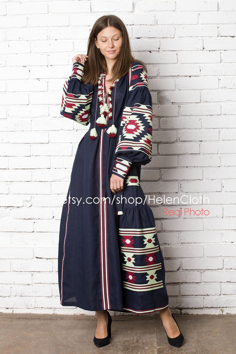 Vyshyvanka ukrainian embroidered maxi mexican bohemian linen dress, Blue Navy Embroidery Kaftan Abaya Ukrainian Style Bohemian rty image 1