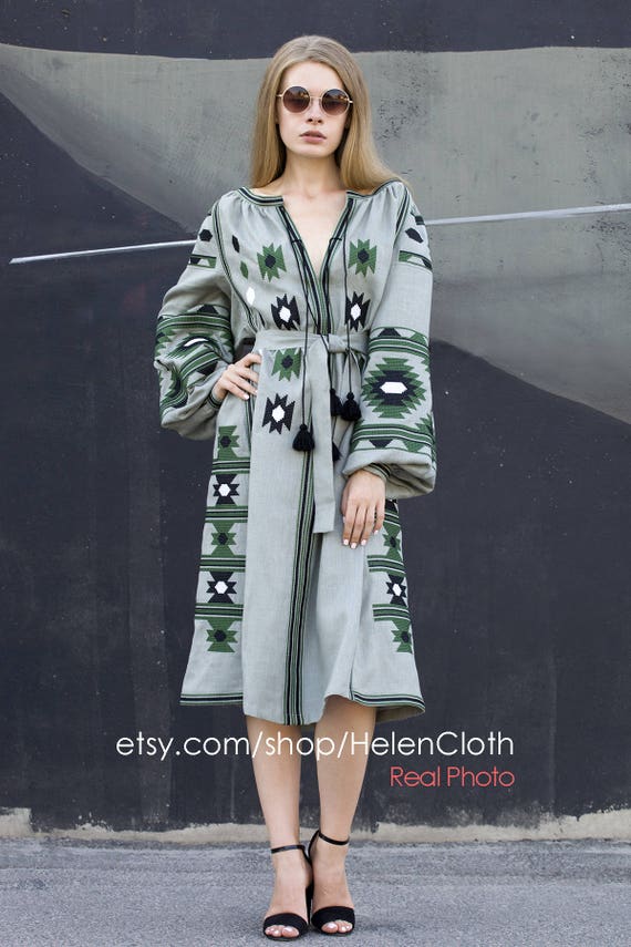 Green linen oversize embroidered midi dress vyshyvanka | Etsy