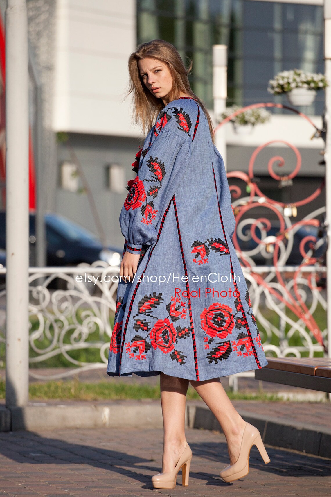 EMBROIDERIED THIN DENIM  DRESS