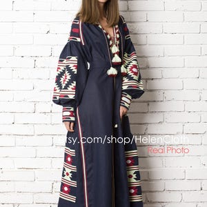 Vyshyvanka ukrainian embroidered maxi mexican bohemian linen dress, Blue Navy Embroidery Kaftan Abaya Ukrainian Style Bohemian rty image 4