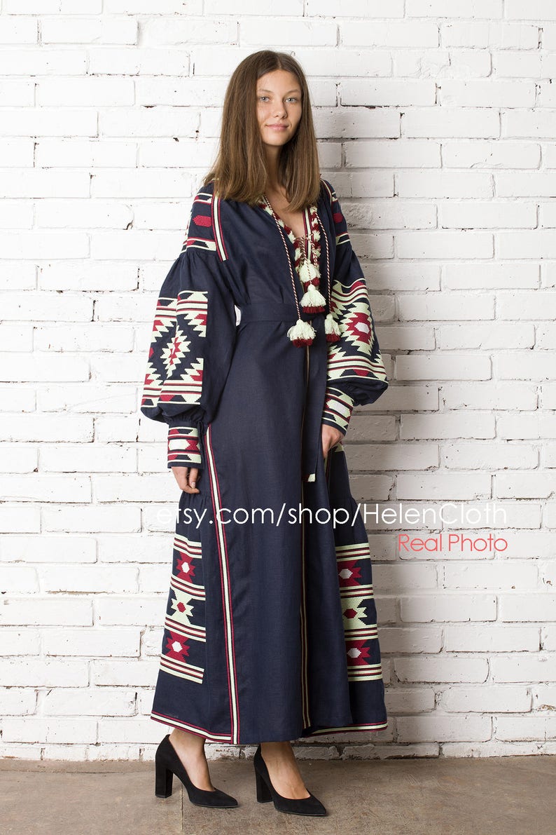 Vyshyvanka ukrainian embroidered maxi mexican bohemian linen dress, Blue Navy Embroidery Kaftan Abaya Ukrainian Style Bohemian rty image 4