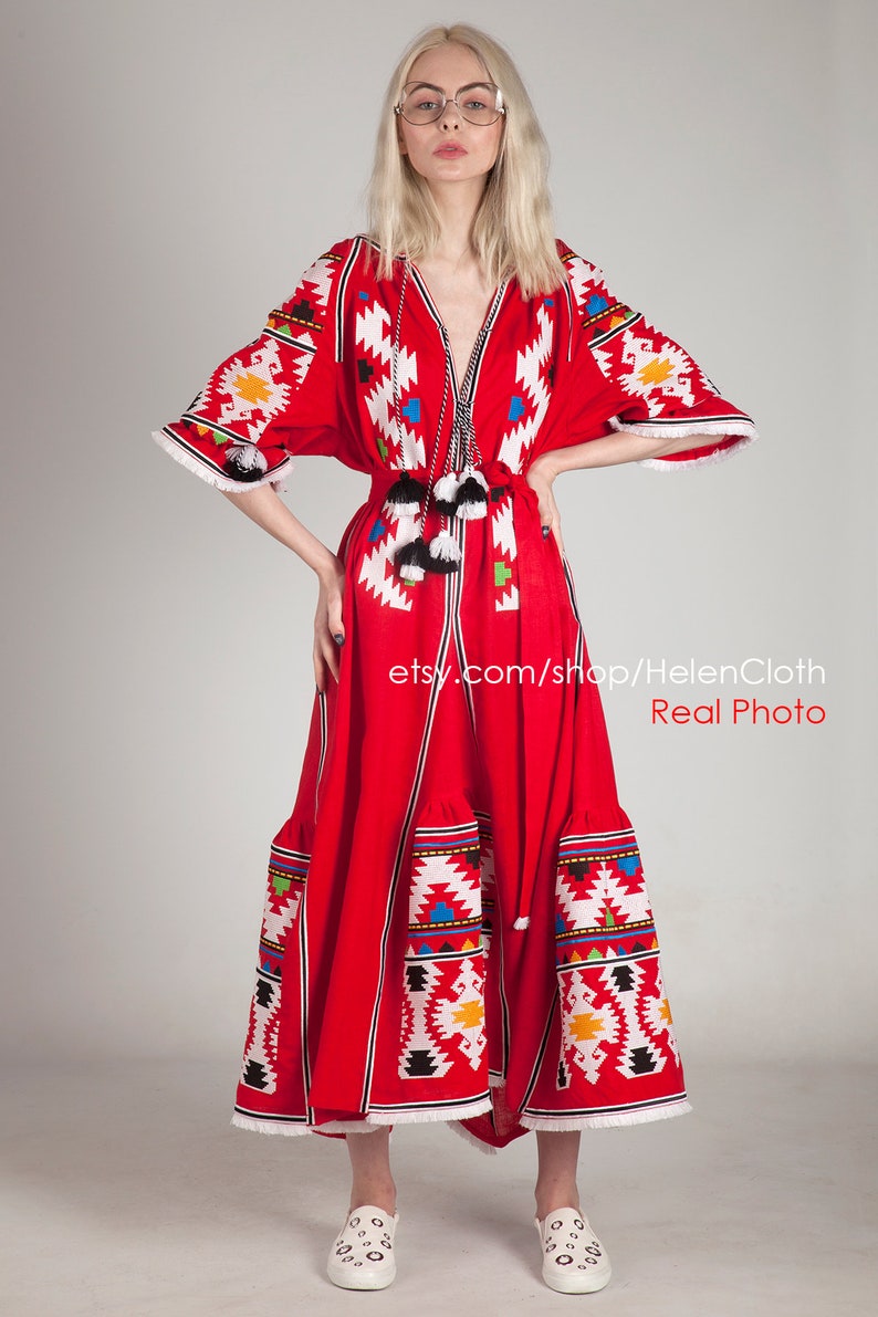 Embroidered Boho Dress Linen Embroidered Maxi Vyshyvanka Etsy