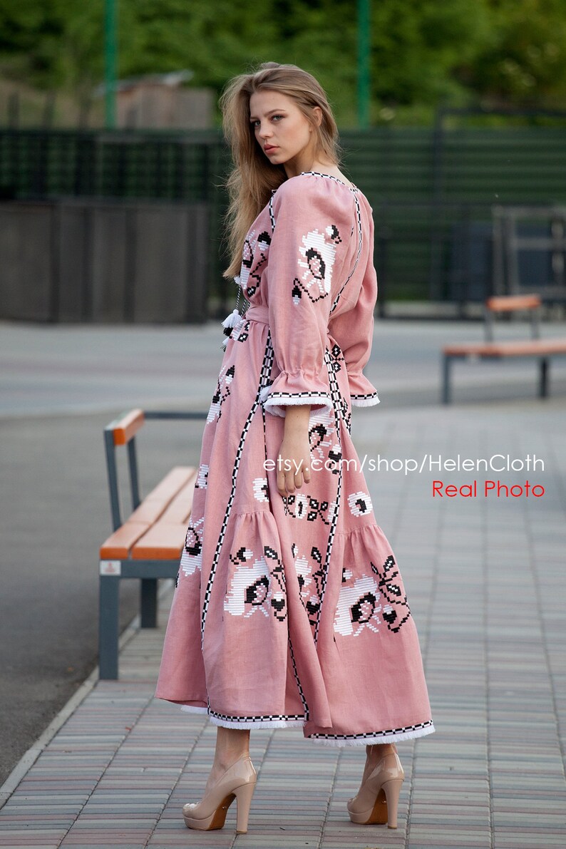 Linen Embroidered Maxi Mexican Boho Dress Vyshyvanka Etsy