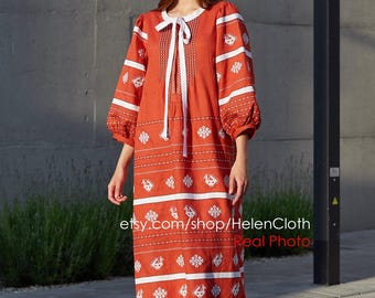 Custom Embroidered Linen Dress – Modern Vyshyvanka Maxi Dress – Boho Wedding Guest Dress – Handmade Slavic Folk Dress