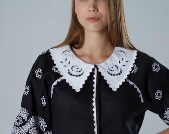 Black linen women vyshyvanka ukrainian ethnic top with peter pan collar
