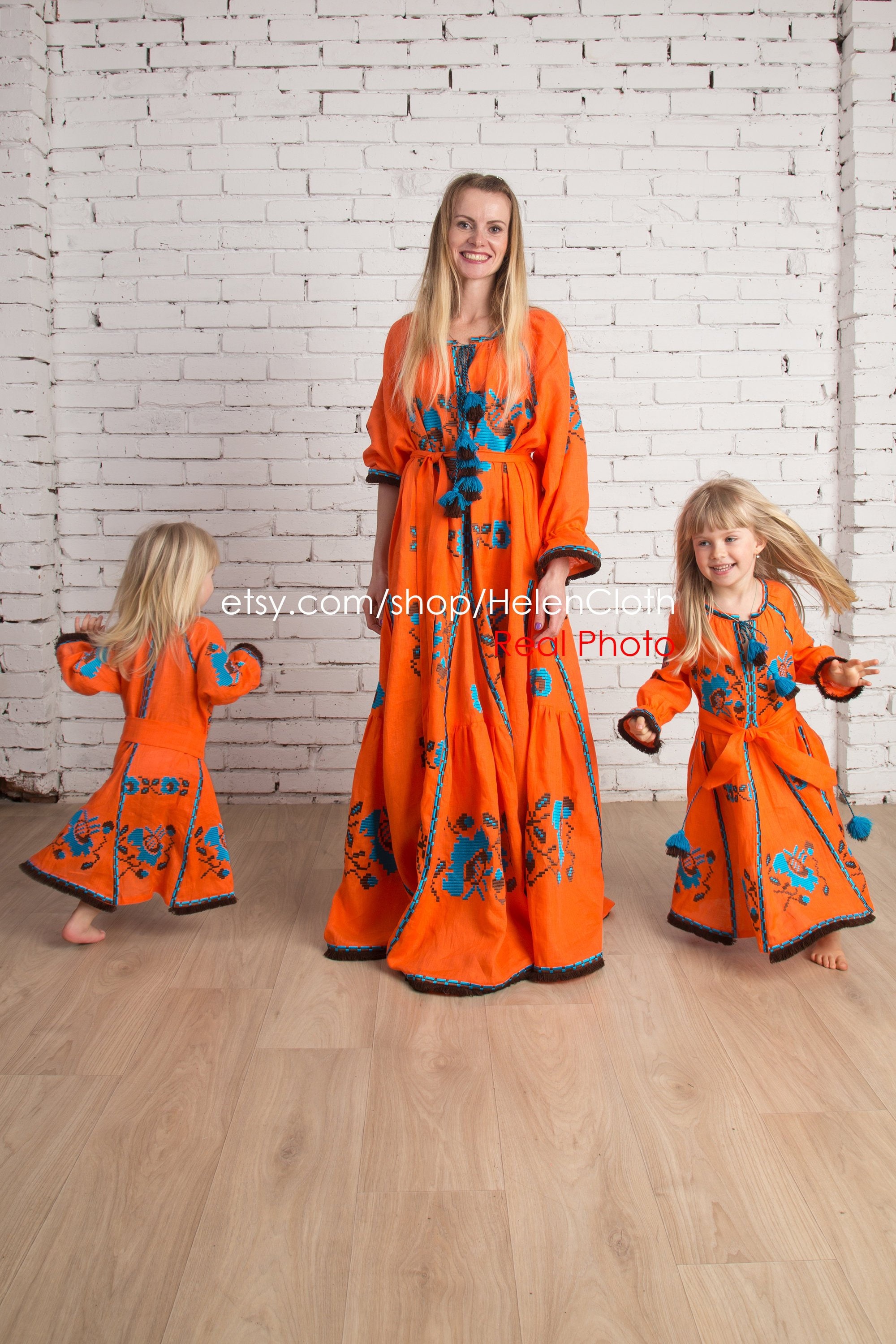 Matching Mom & Daughters Embroidered Dresses, Maxi Bohemian Kaftan, Arabic Abaya, Handmade Linen Ukrainian Vyshyvanka