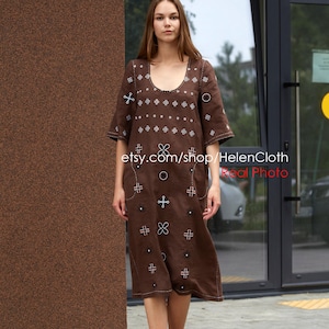 Brown Embroidered Bohemian Kaftan, Linen Abaya, Ukrainian Vyshyvanka