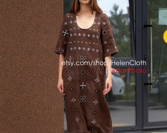Brown Embroidered Bohemian Kaftan, Linen Abaya, Ukrainian Vyshyvanka