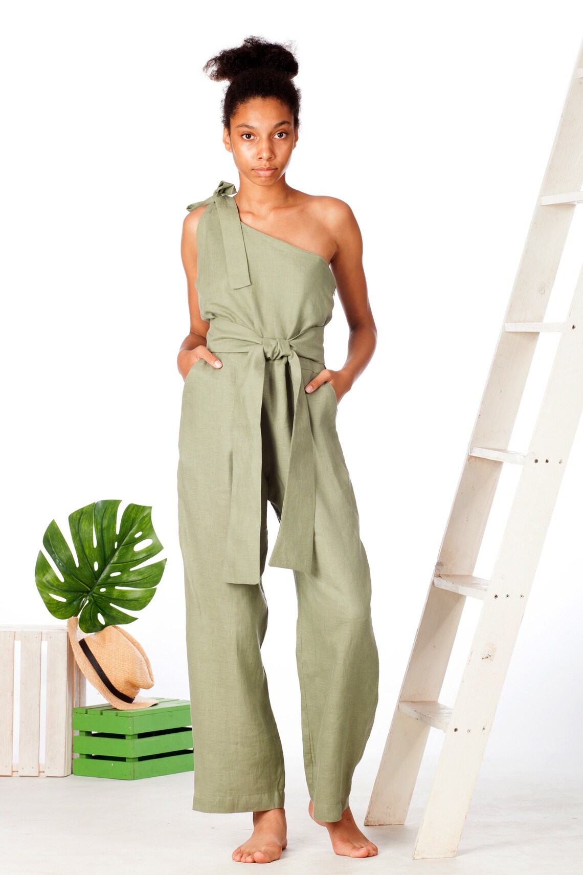 One shoulder soft Linen jumpsuit Oversize women overall Etsy