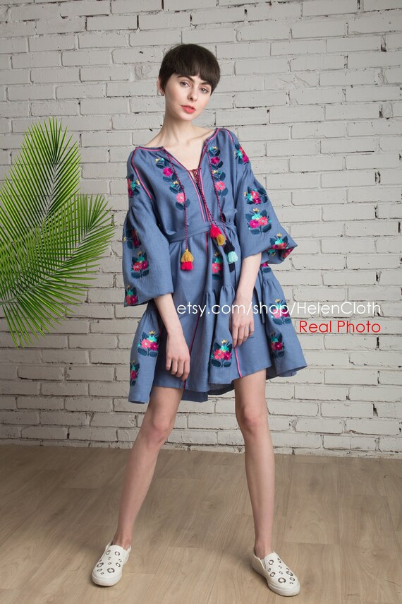 Vyshyvanka Blue Linen Embroidered Floral Dress Ukraine, Mexican Boho Short  Dress, Arabic Kaftan, Size Plus Abaya - Etsy