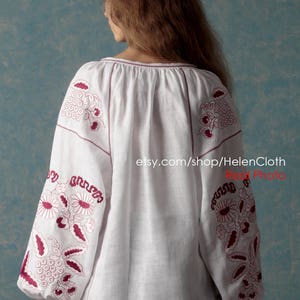 Embroidered Top, Linen Mexican White Blouse, White linen blouse, Ukrainian Vyshyvanka, Bohemian Blouse Folk Top Kilim Caftan Linen Shirt image 6