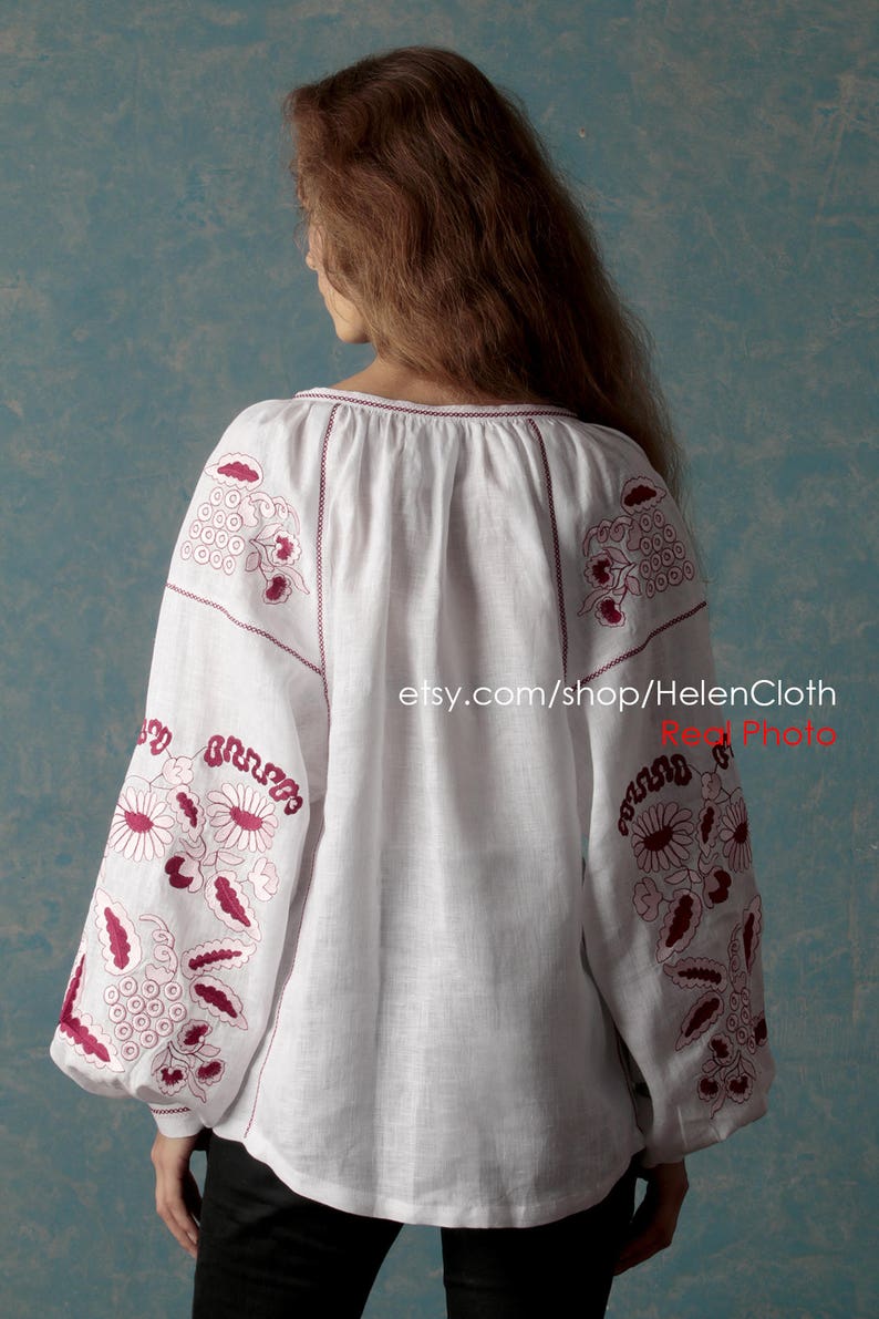 Embroidered Top, Linen Mexican White Blouse, White linen blouse, Ukrainian Vyshyvanka, Bohemian Blouse Folk Top Kilim Caftan Linen Shirt image 6