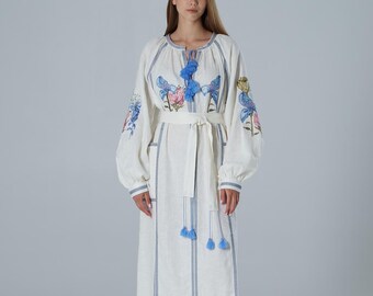 Beach kaftan linen peasant dress, Ukraine embroidery vyshyvanka