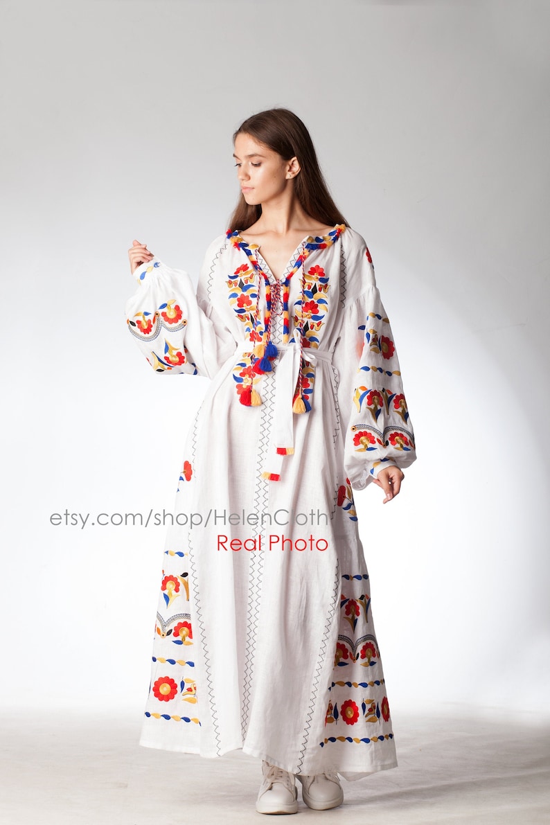 White Linen Embroidered Dress Linen Women Dress Wedding Etsy