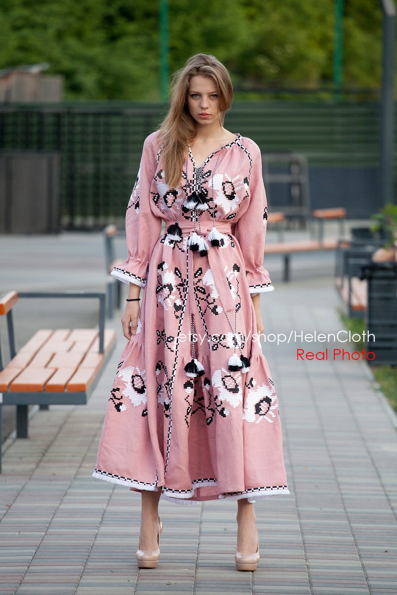 Linen Embroidered Maxi Mexican Boho Dress Vyshyvanka Etsy