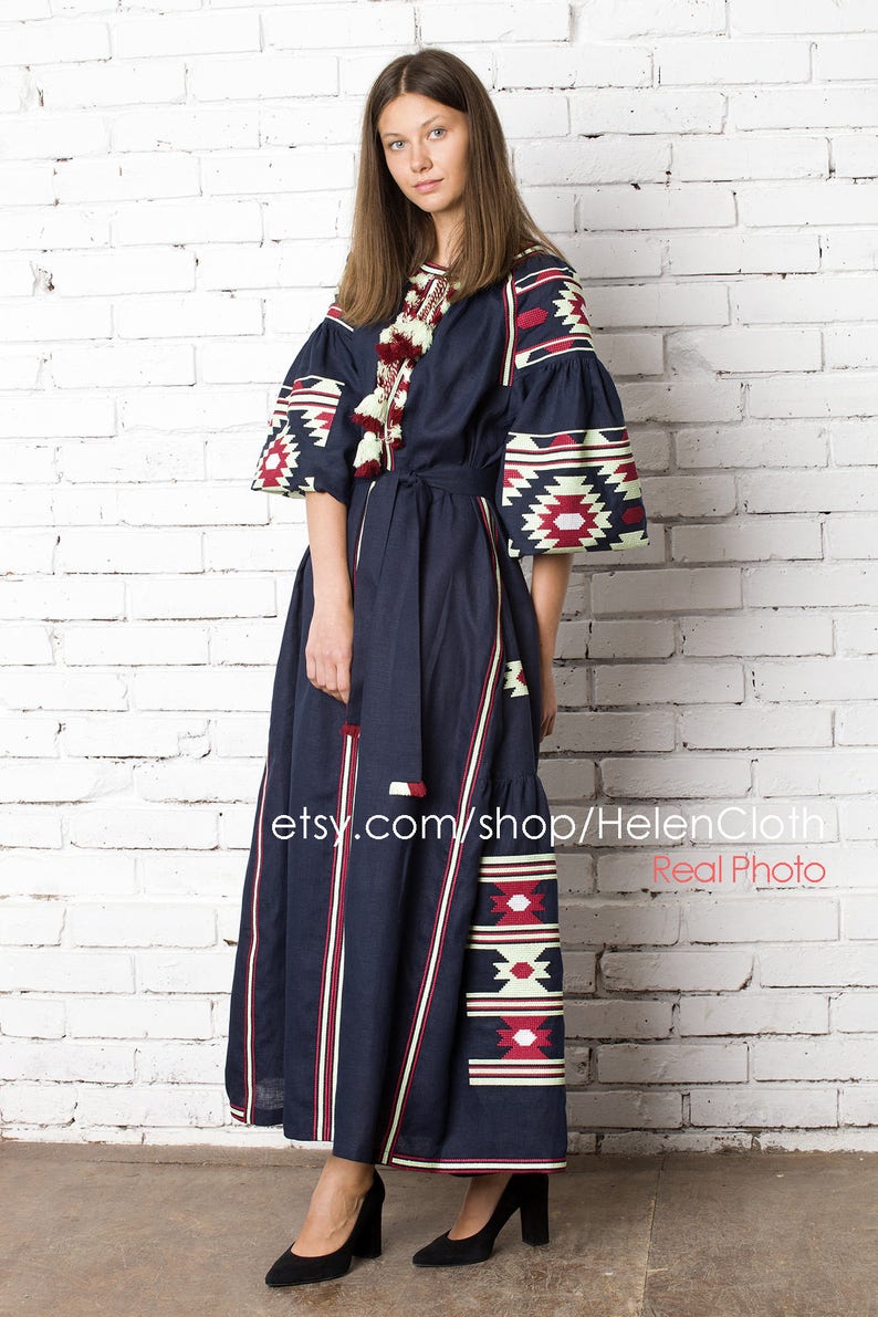 Vyshyvanka ukrainian embroidered maxi mexican bohemian linen dress, Blue Navy Embroidery Kaftan Abaya Ukrainian Style Bohemian rty image 2