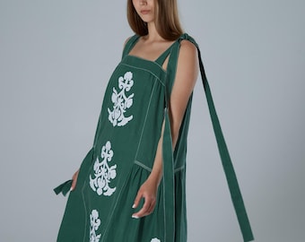 Sleeveless Embroidered Bohemian Dress, Boho Robe dress, Summer floor dress Linen Abaya, Ukrainian Vyshyvanka
