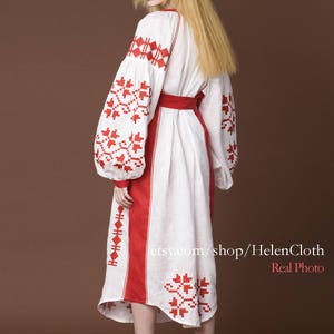 White Linen Embroidered Dress Vyshyvanka, Ukrainian Dress, Mexican Embroide Kaftan Abaya Caftan, Wedding boho wear image 5