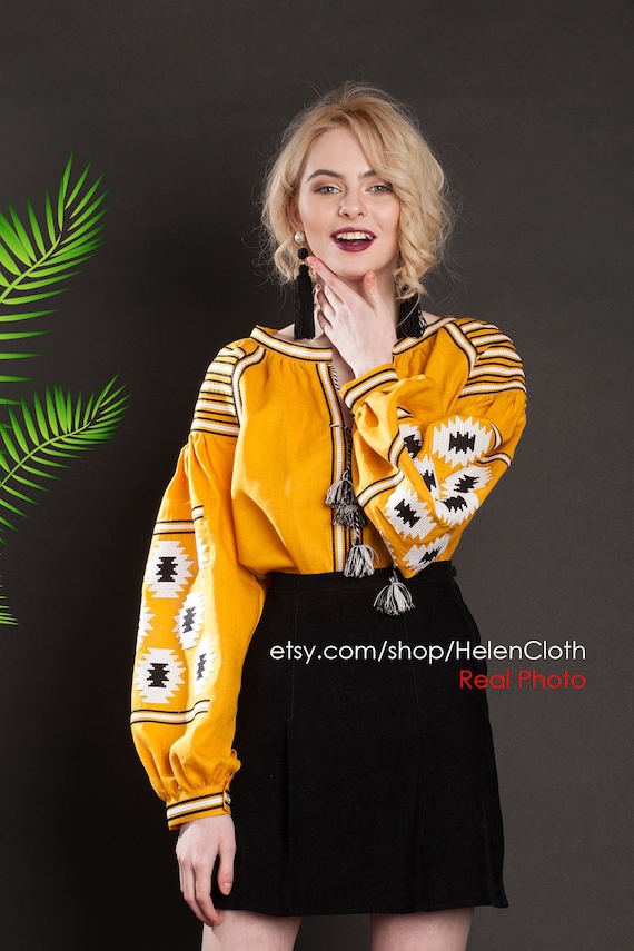 Mexico Embroider Shirt, Linen Mustard Blouse, Ethnic Clothing Plus Size For Woman, Ukrainian Vyshyvanka Top, Bohemian Broderie Mexicaine