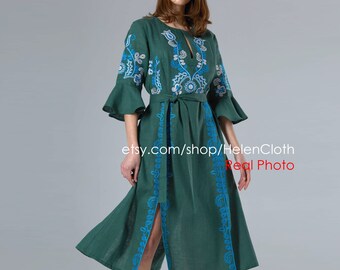 Ukrainian Embroidered Dress, Chic Nationale Outfit, LInen dress with Pockets, Summer Dress, Beach Dress