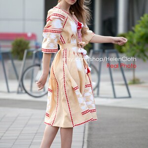 Beige Linen Embroidered Mid Calf Dress Vyshyvanka, Ukrainian Vyshyvanka, Embroidered Dress Mexican, Dress Kaftan Abaya Caftan Bohemian wear image 3
