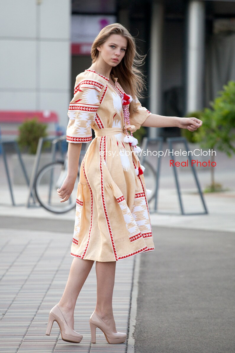 Beige Linen Embroidered Mid Calf Dress Vyshyvanka, Ukrainian Vyshyvanka, Embroidered Dress Mexican, Dress Kaftan Abaya Caftan Bohemian wear image 3