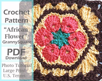 May include: A colorful crochet pattern for an "African Flower" Granny Square. The square features a central flower design in shades of pink and teal, surrounded by brown, yellow, and cream-colored crochet work. The image includes the text "Crochet Pattern" and "PDF Download".