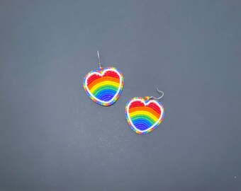 beaded Pride flag heart earrings