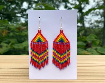 red rainbow fringe earrings