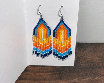 blue orange & yellow fringe earrings