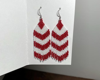 red & white chevron fringe earrings