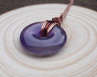 Dual-Tone Copper Amethyst Pi-Stone Necklace, Wire-Wrapped Donut Crystal Pendant