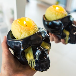 Skull candle, human brain candle in skull candle holder, unique candle, home decor halloween candle