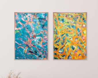 Orange and Blue Sea / Mixed Media Monoprint on Watercolor Paper / 2025