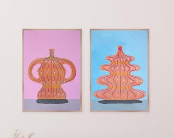 Pink and Blue Ceramic Trophies / Acrylic Painting and Oil Crayon on Paper / 2024