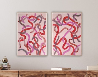 Red Lipstick Curves, Acrylic Painting on Watercolor Paper, Diptych, Brush Stroke, Urban Style, Gestures on Pastel Pink, Modern Painting,