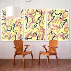 2021, Extra Large Acrylic Painting Triptych of Eggshell Yellow Curls, Abstract Multi Paneled Art on Watercolor Paper, 100x210 cm, Soft Tones
