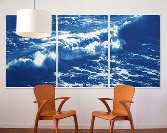 Australian Rolling Waves, Australian Landscape, Nautical Triptych, Large Cyanotype, Coastal Art, Surf, Bells Beach, Vigorous Landscape