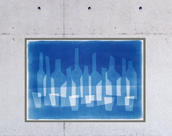 Double Vision Bar Scene / Handmade Monotype - Cyanotype on Watercolor Paper / 2023