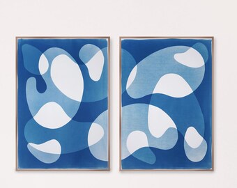 Retro Overlaps / Handmade Unique Monotype-Cyanotype on Watercolor Paper / 2025