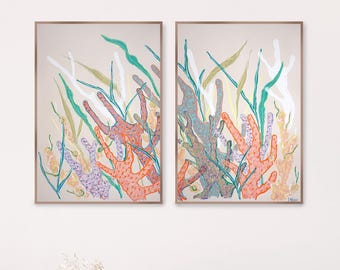 Orange and Turquoise Corals / Gouache Crayon on Watercolor Paper / 2025