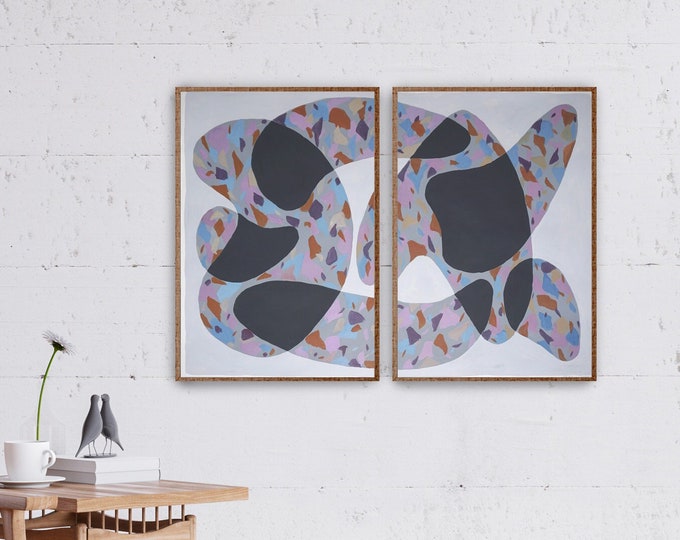 Modern Shapes with Terrazzo Texture / Acrylic Painting Diptych on Watercolor Paper / 2022