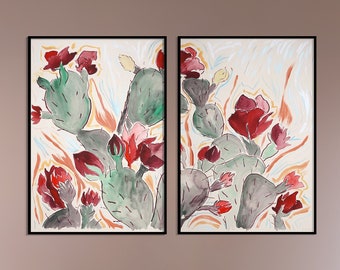 2023, Illustration Style Diptych of Wild Blooming Cactus inn Red and Green, Modern Still Life, Romina Milano, Naturalistic