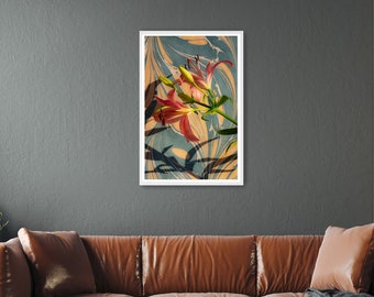 Pink Lilies on Marble Swirls / Limited Edition Giclée Print